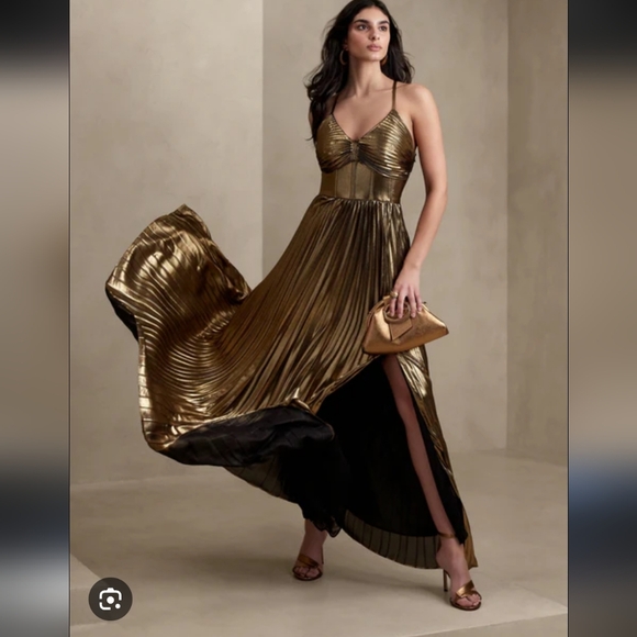 Banana Republic Dresses & Skirts - NWT Banana Republic Raggiera Pleated Gold Metallic Maxi Dress Corset Bodice